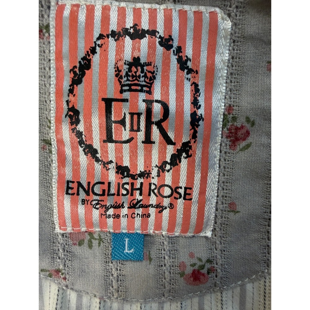 English Rose by EL Blouse Gray Stripe Long Sleeve Embroidered Cotton Sz L SKU242 - Picture 4 of 12